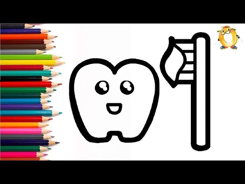How to draw a tooth and brush. Coloring page/Drawing and painting for kids. Learn colors.