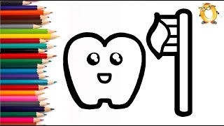 How to draw a tooth and brush. Coloring page/Drawing and painting for kids. Learn colors.