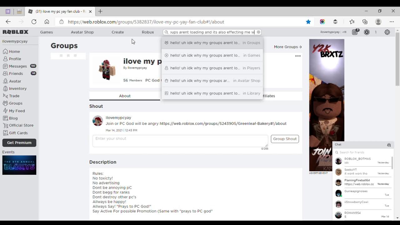 Why wont my groups wont load YouTube