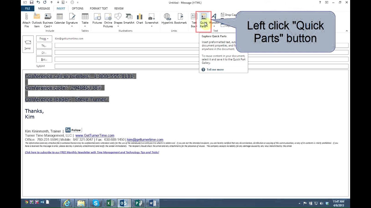 how to create and use quot quick parts quot for frequently used create quick email