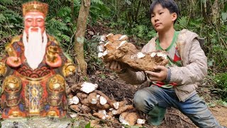 The poor boy went into the forest to dig up the yam and was given a super-huge yam by the god.