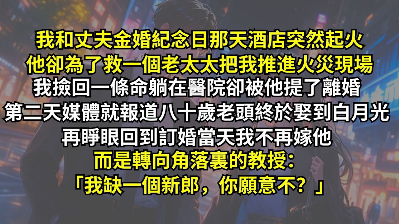 我和丈夫金婚紀念日那天酒店突然起火，他卻為了救一個老太太把我推進火災現場。我躺在醫院卻被他提了離婚，第二天媒體就報道八十歲老頭終於娶到白月光。再睜眼我不再嫁他而是轉向教授：「我缺一個新郎，你願意不？」