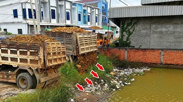 Full Processing Filling Up The Land huge, Bulldozer KOMATSU D31P, Dump Truck 25 Ton Unloading Stone