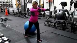 Split stance standing rear delt fly followed by stability ball upper back/chest fly