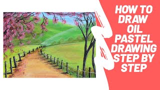 Easy Oil Pastel Drawing | Cherry Blossom tree landscape Drawing | Step by Step for Beginners |