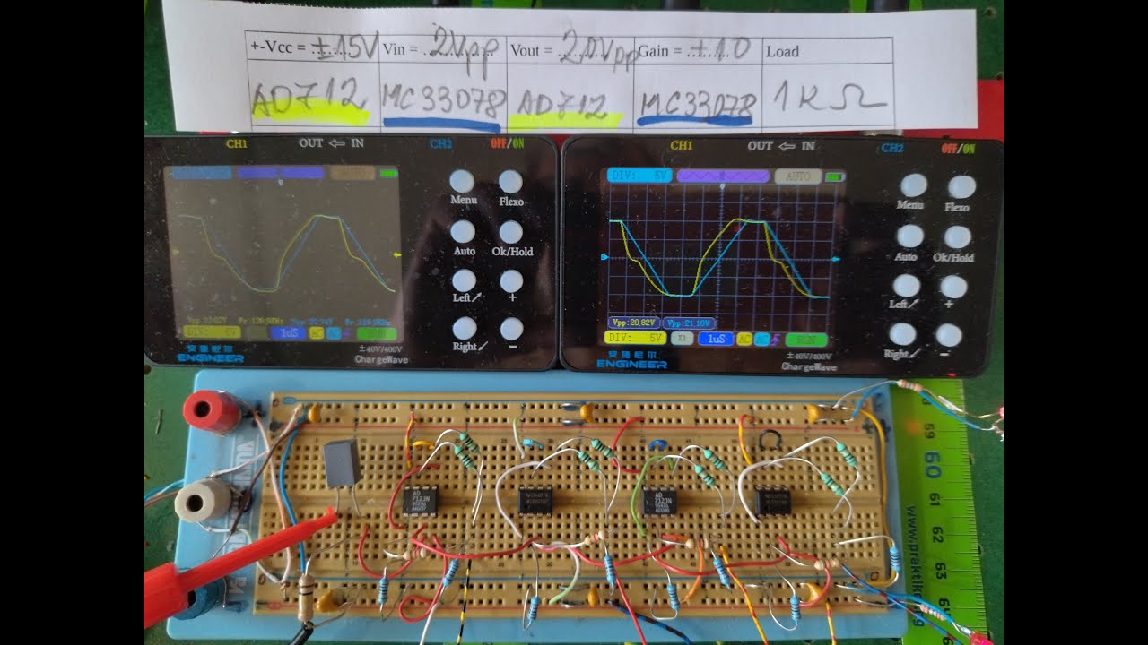 Large signal (Vout = 20Vpp) testing of AD712 vs MC33078 - Paralleled (G =+10, +-Vcc=+-15V, RL=1kOhm)