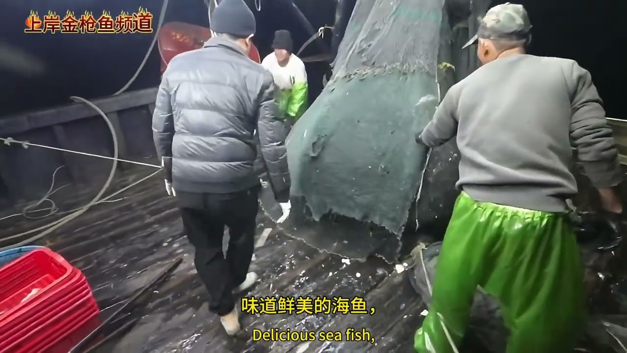 一艘650马力单拖网渔船，在深夜的海面上起一网鱼货，渔船捕到了一网柠檬鱼。A 650-horsepower single trawler has caught a net of lemon fish.