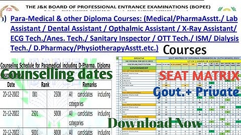 JKBOPEE RELEASES SEAT MATRIX FOR FIRST ROUND OF COUNSELLING FOR ADMISSION TO PARAMEDICAL DIPLOMA ✅