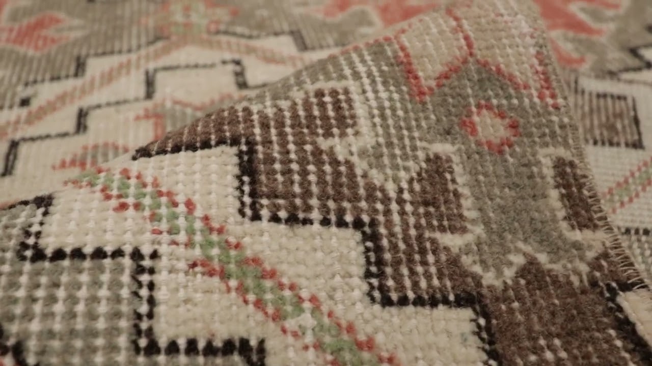 Vintage Distressed Runner Rug, Beige-Green Geometric Pattern - Rug & Kilim -32998