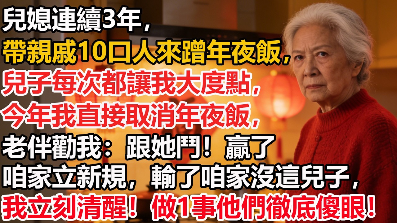 兒媳連續3年，帶親戚10口人來蹭年夜飯，兒子每次都讓我大度點，今年我直接取消年夜飯，老伴勸我：跟她鬥！贏了咱家立新規，輸了咱家沒這兒子，我立刻清醒！做1事他們徹底傻眼！