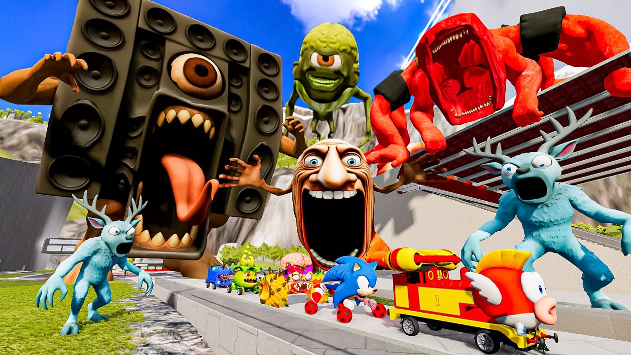 ALL MONSTERS Speaker Giant & Sonic vs Broken Bridge with MARIO CAR & BRAIN - BeamNG.Drive