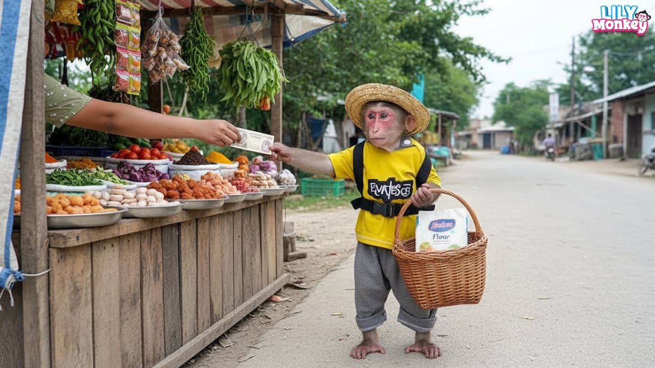 Smart monkey Lily helps dad go to the market to buy flour for homemade cakes | Lily's story