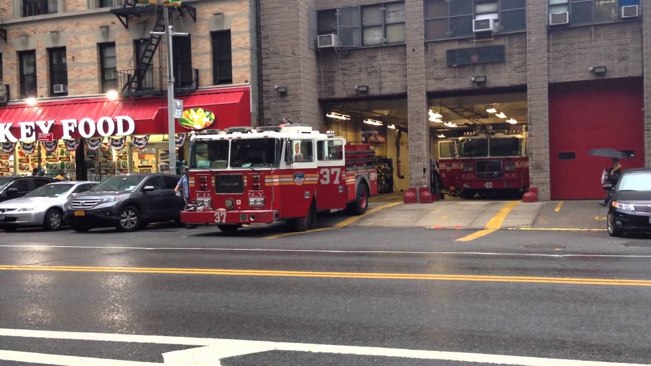FDNY ENGINE 37 & NEWER FDNY TILLER 40 RESPONDING FROM THEIR W. 125TH ST
