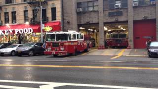 FDNY ENGINE 37 & NEWER FDNY TILLER 40 RESPONDING FROM THEIR W. 125TH ST. HOUSE IN HARLEM, MANHATTAN.
