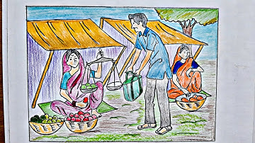How to draw Memory Drawing Of Market Scene l A man Buying Fruits from Lady fruitseller Drawing.