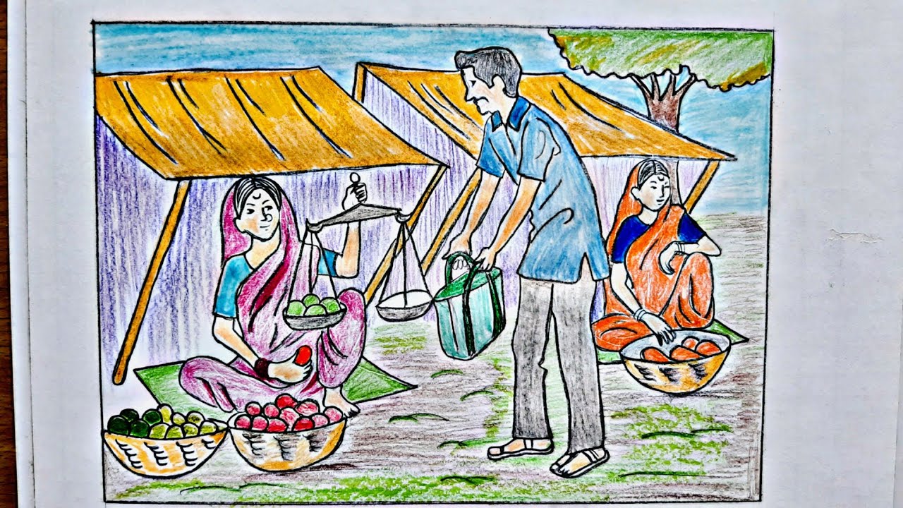 How to draw Memory Drawing Of Market Scene l A man Buying Fruits ...