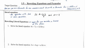 Algebra 1 Lesson 1.5 Rewriting Equations and Formulas