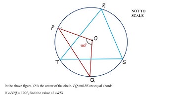 O is the center of the circle. PQ and RS are equal chords. If ∠POQ = 100°, find the value of ∠RTS.