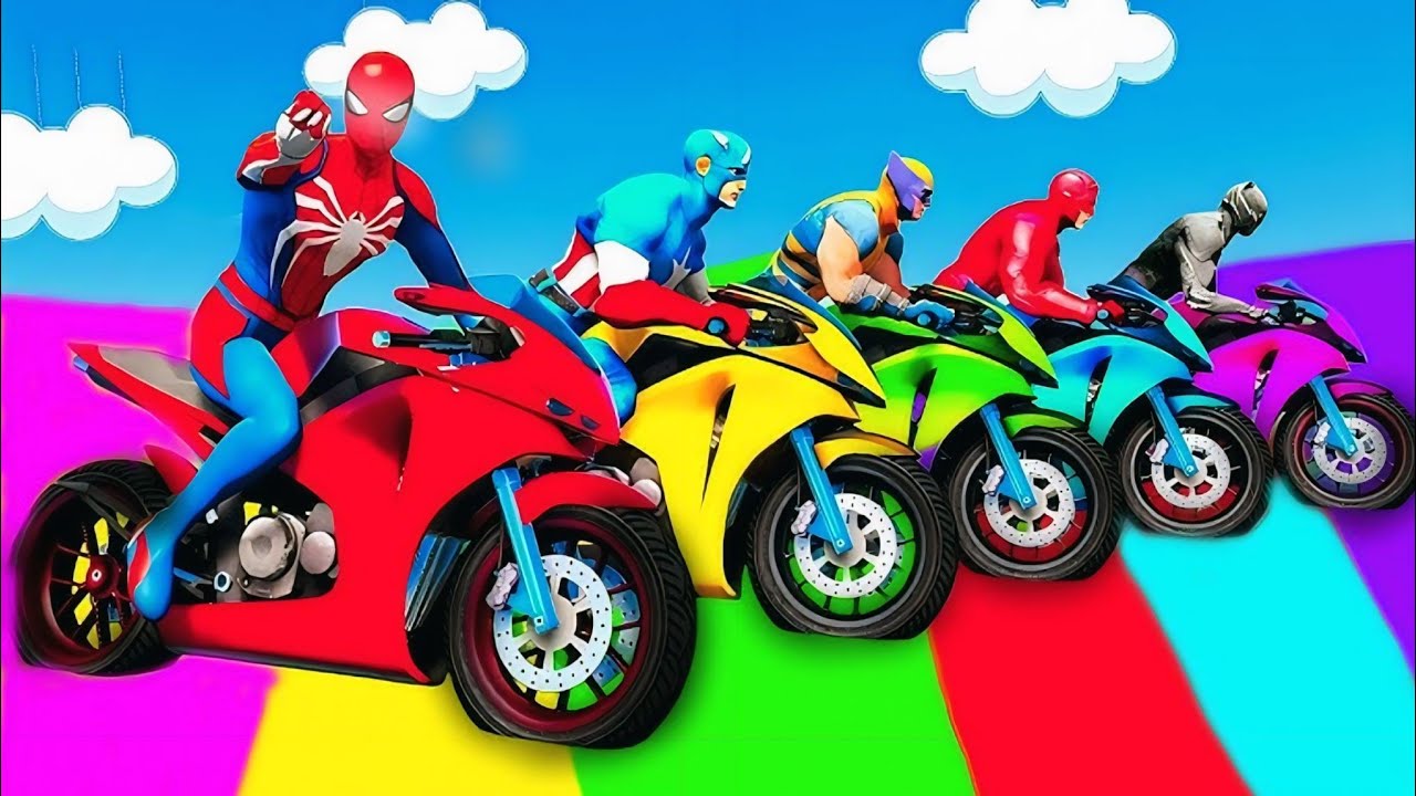 سبايدر مان اصعب دراجة نارية فوق اسماك القرش - Superheroes Ride on Motorcycle Stunt Funny Moments??