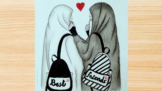 How to draw sketch of best friends in hijab || step by step || easy to draw #hijab #trending #viral How to draw sketch of best friends in hijab || step by step || easy to draw #hijab #trending #viral