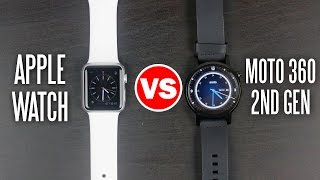 Moto 360 2nd Gen vs Apple Watch - Smart Watch Comparison(Here is our Smartwatch Comparison between the Moto 360 2nd Gen vs the Apple Watch. More info on the Apple Watch: http://amzn.to/1EI6cBU More info on the ..., 2015-10-11T17:00:00.000Z)