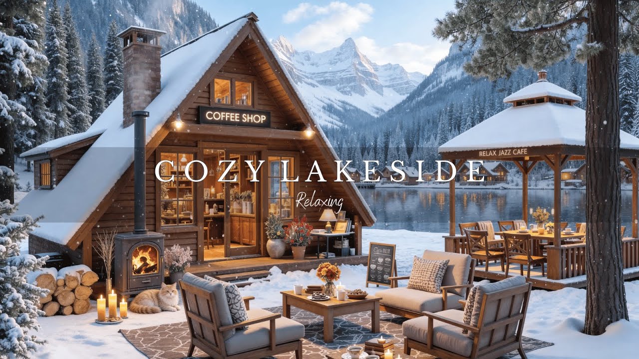 Relaxing Jazz at a Cozy Lakeside Café ☕ Fireplace & Winter Ambience