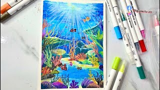 Underwater Seascape Painting | Corals Deep Blue Sea Painting | Step by Step using acrylic marker |