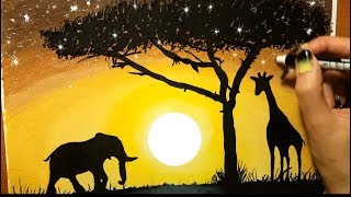 Landscape in Colored Pencil: Sunset in Africa - Drawing Nature Animals Elephant Giraffe Scenery Tree