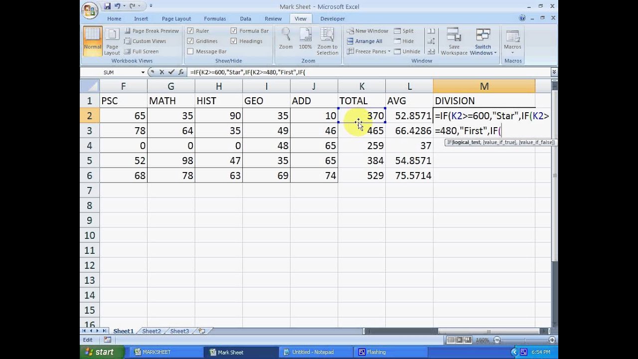 Formula division excel