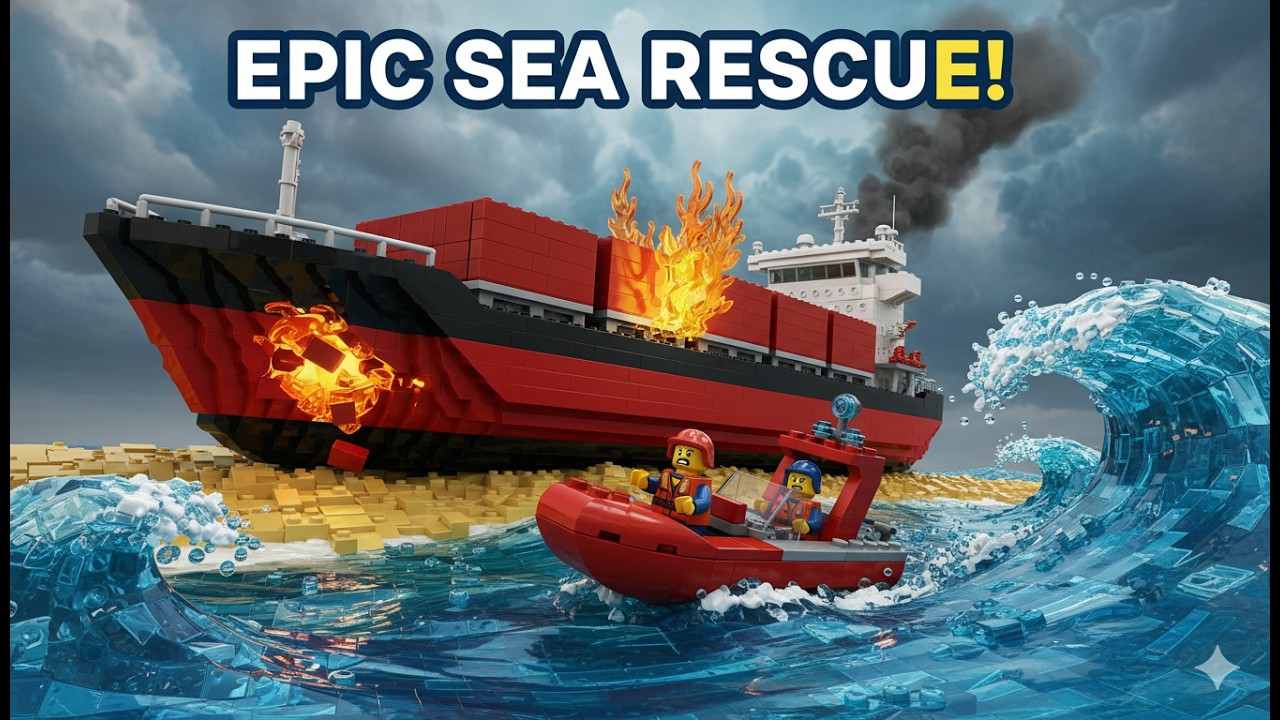 Epic LEGO City Sea Rescue! Cargo Ship on Fire, Boat & Helicopter Save the Day