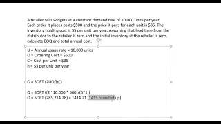 Economic Order Quantity (EOQ) and Total Annual  Costs Sample Problem