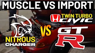 Twin Turbo Civic &amp; GTR vs Nitrous Hellcat Charger 1/4 Mile DRAG RACING