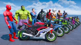 SUPERHEROES ON A MOTORCYCLE RIDE ON WATER SLIDE - JUMP OVER THE WATER SLIDE HOLE