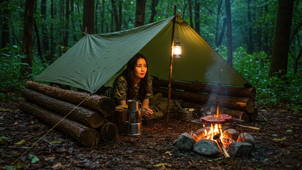 Solo Overnight in Survival Tarp Shelter - Camping in Rain, No Tent, No ...