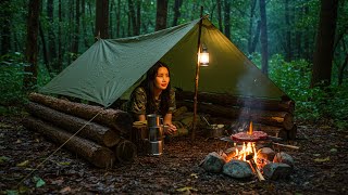 Solo Overnight in Survival Tarp Shelter - Camping in Rain, No Tent, No Sleeping Bag