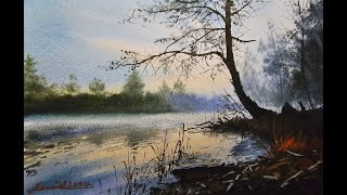 Watercolor landscape tutorial - Tree and Misty River