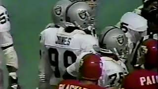 The los angeles raiders and kansas city chiefs engage in a pair of
brawls that result two players getting ejected another suspended.
october 5, 1986.