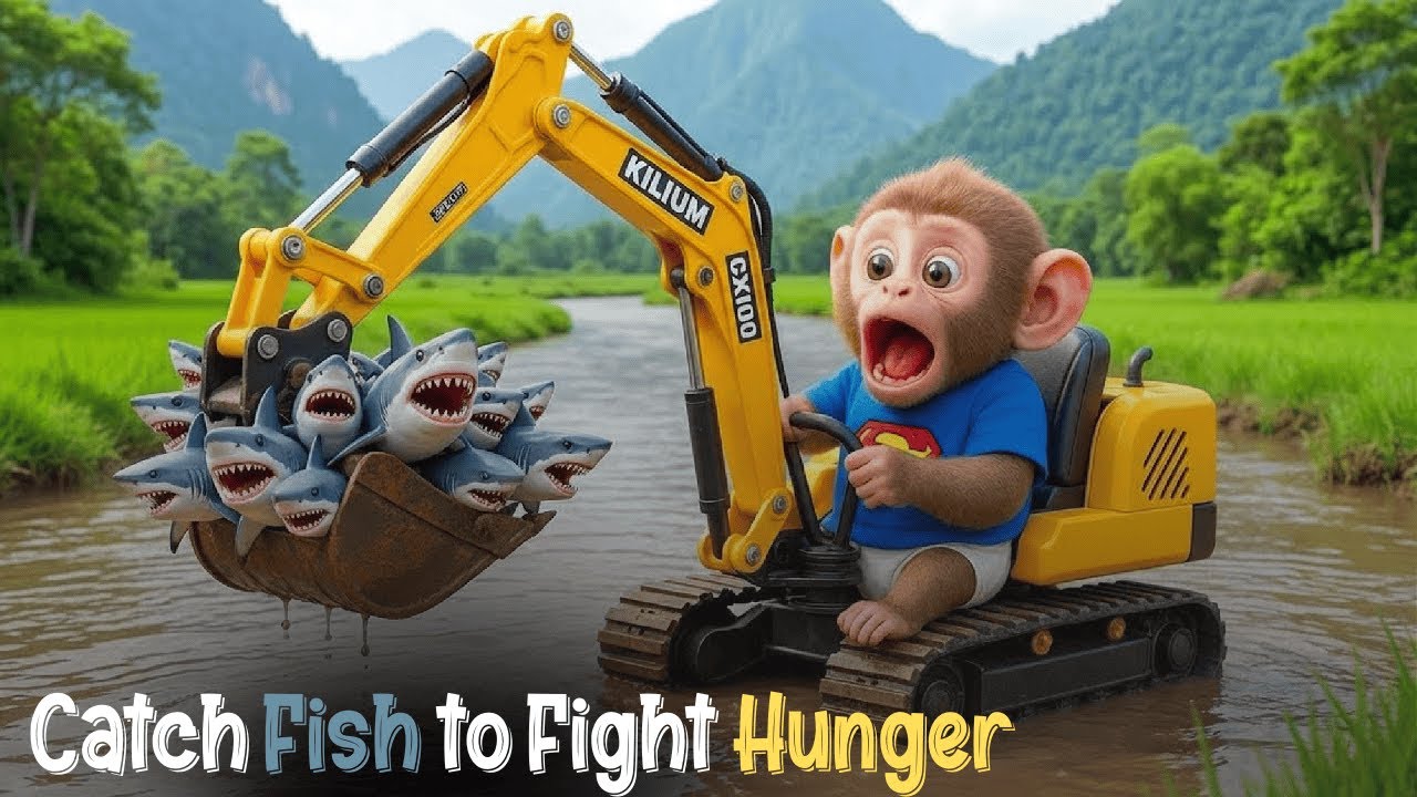 Farm Work- Monkey Farmer Drives Excavator to Catch Fish to Fight Hunger  - MUNKYX_2 