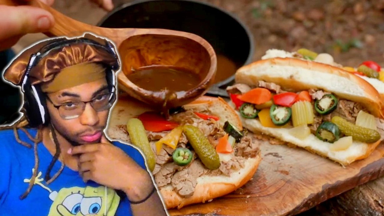 Man Cooks Chicago Style Italian Beef Sandwich In The Woods