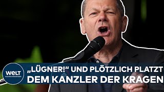 OLAF SCHOLZ: 'Lügner! Kriegstreiber!' Und plötzlich platzt dem Kanzler in Düsseldorf der Kragen