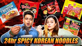 Eating Only SPICY KOREAN NOODLES for 24 HOURS Challenge 🔥 | *MADE US CRY* 🥵