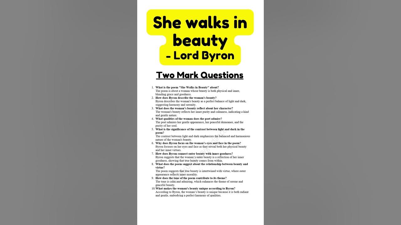 She walks in beauty- Lord Byron |Two Mark questions for Exam success #trending@ARsummaryguidance