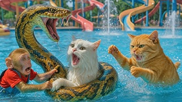🐵🐱Monkey & Fat Cat Save White Cat from Giant Python Attack and Sliding Together at the Water Park