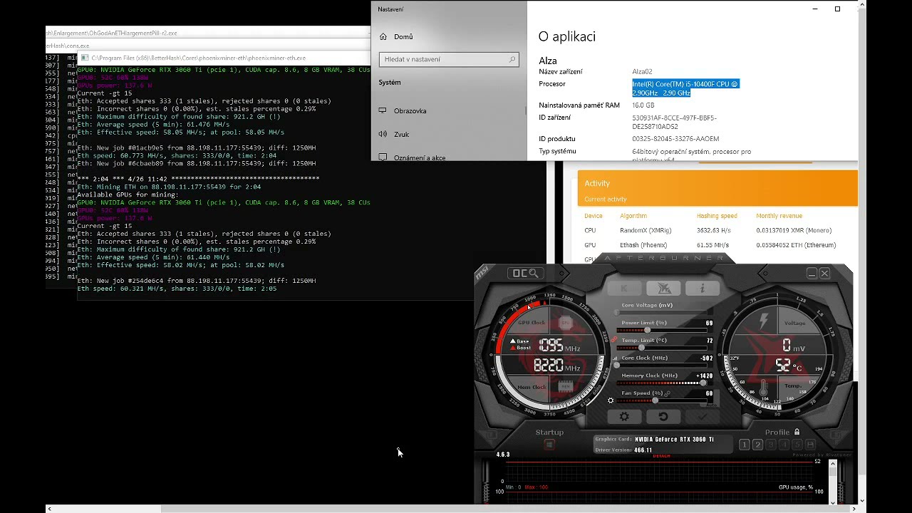 NVIDIA RTX 3060 Ti / Hashrate / Overclock / 60 - 62 MH/s / BetterHash / MSI Afterb. / NO BIOS CHANGE