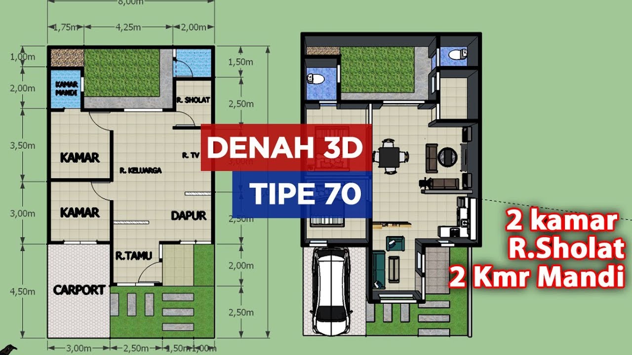 Membuat Denah 3D Rumah Tipe 70 di lahan 8x14 meter dengan Sketchup - YouTube - Denah Rumah Type 70 2 Lantai