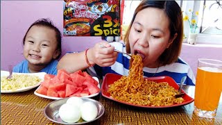 3x spicy buldak ramen and watermelon mukbang🍝🍉