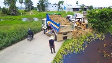 Processing Start Landfill Task! By Dump Truck 5Ton & Dozer Pushing Soil into Water, Mix VDO