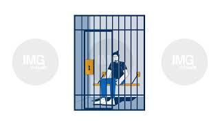 Arrested suspect man sitting in jail cell behind bars 2D character animation