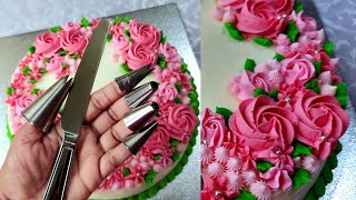 ඉක්මනින් ලස්සන කේක් එකක් නිර්මාණය කරමු/How to decorate a cake/Using five nozzles and butter knife