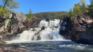 Waterfall with two levels | Relaxing | Blue sky and new green leaves on the trees